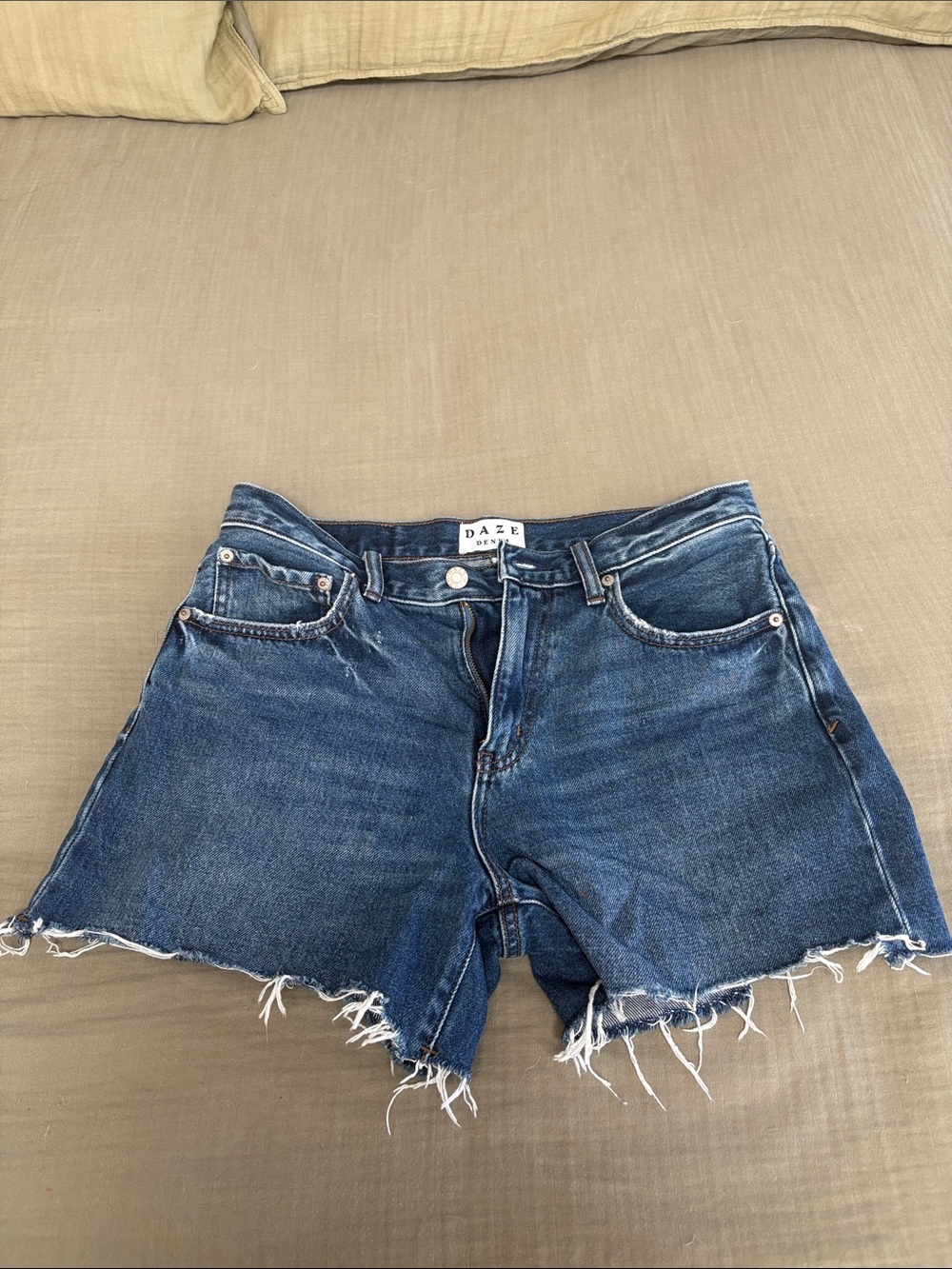 DAZE High-Rise Frayed Hem Denim Shorts - Dark Blue